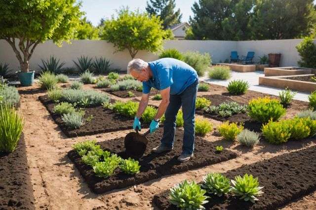 A serene drought-resistant garden being prepared, with a person adjusting soil and laying out drought-tolerant plants under a clear sky