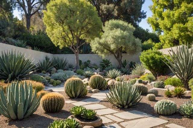 A serene backyard in Encino, CA featuring a variety of drought-resistant plants like cacti and succulents, with a backdrop of the Los Angeles County Arboretum