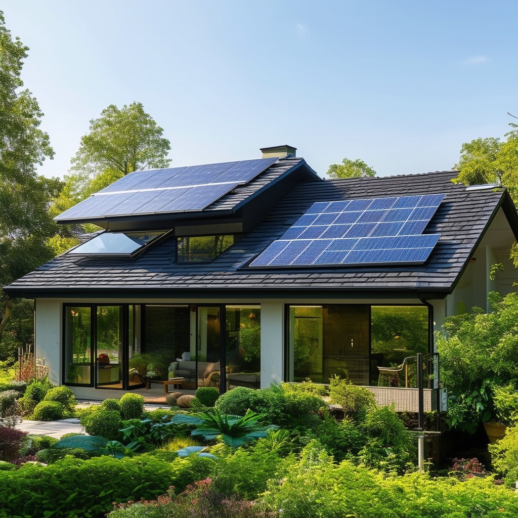 Modern house with solar panels on the roof, cool roofing, and large low-E windows surrounded by lush greenery