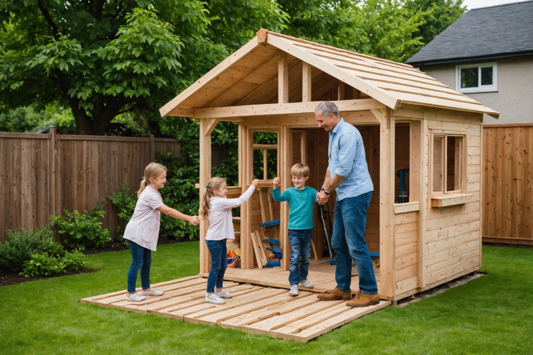 Happy family building a small backyard house