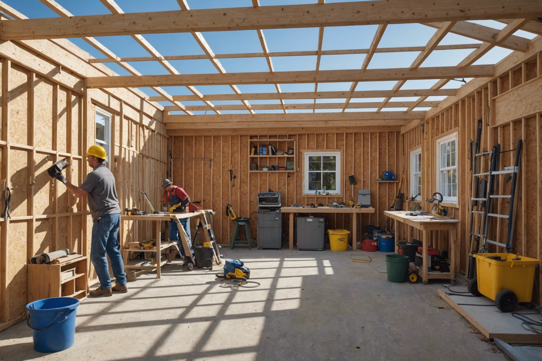 Construction workers converting a garage into a cozy living space, with tools and building materials around, under a clear sky