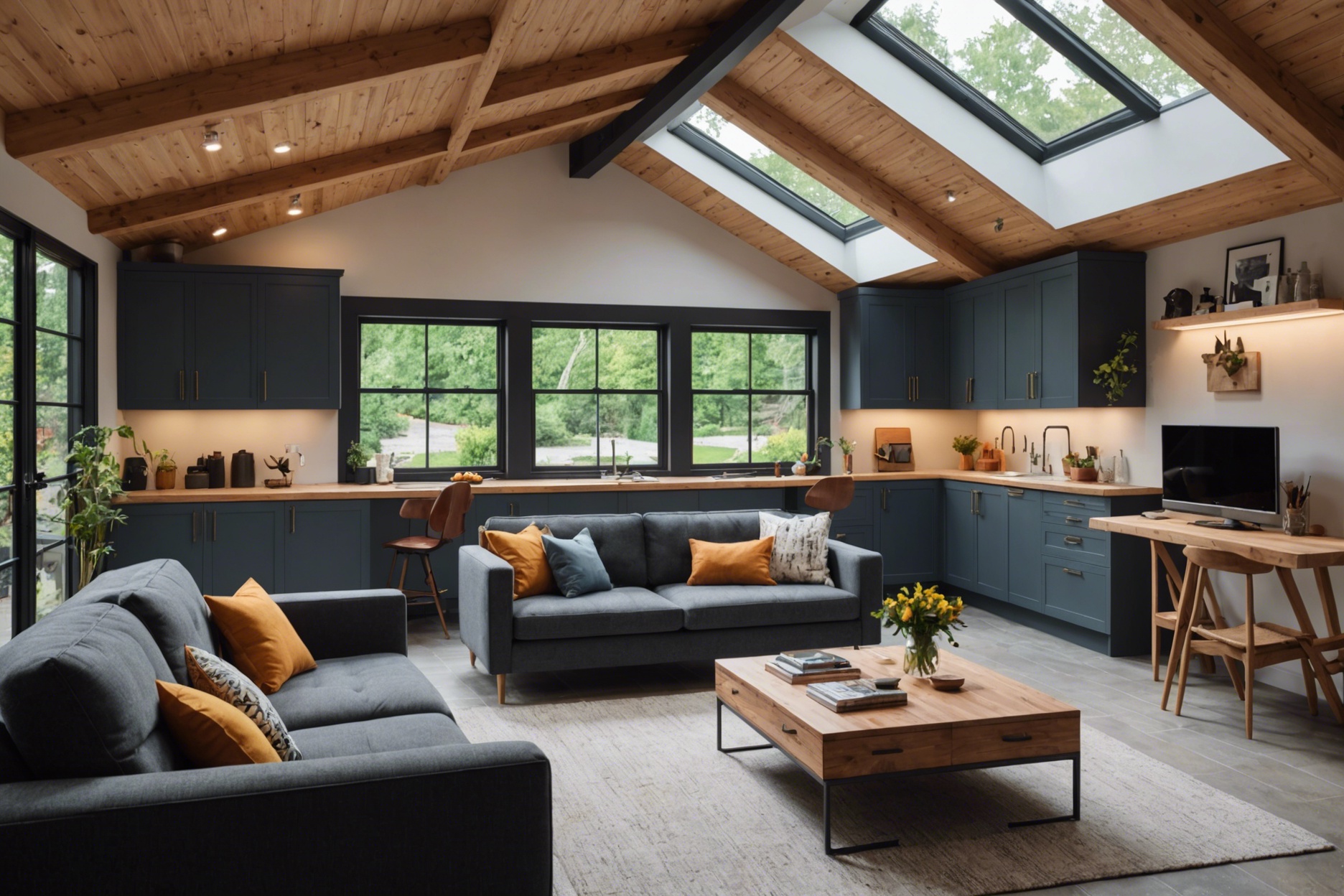 A cozy and well-lit interior of a garage converted into an ADU with multifunctional furniture, strategic lighting, and skylights