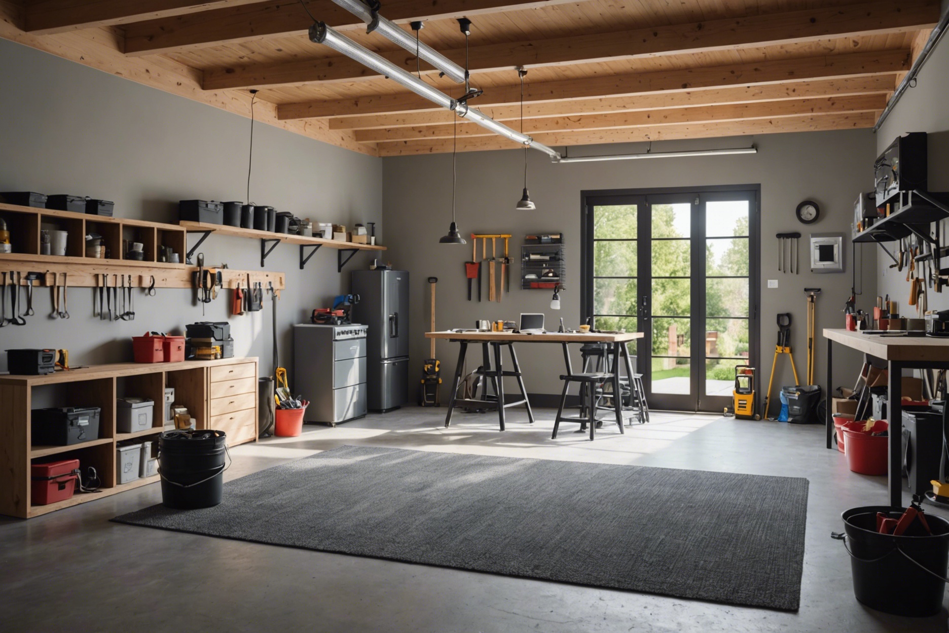 A spacious, modern garage being transformed into a cozy, furnished living space with construction tools and materials visible