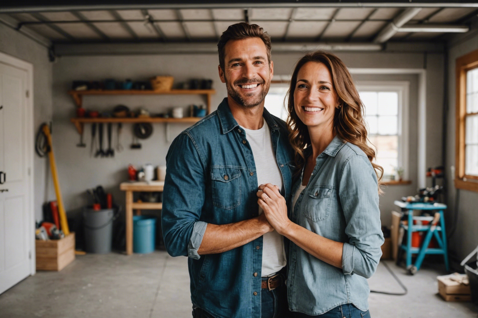 Happy couple renovating garage into cozy home