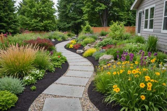 Rain garden with flowering perennials and grasses, swales as dry stream beds, permeable paving, and rain barrels in a lush backyard