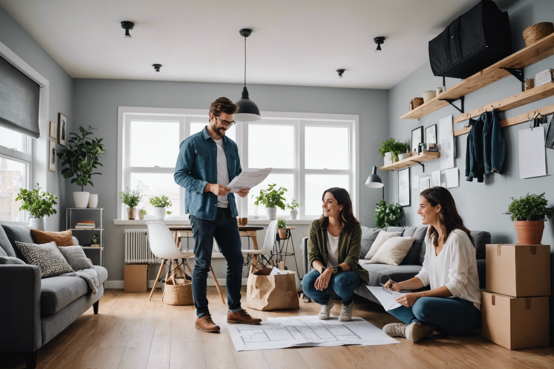 A small modern apartment over a garage, with a couple examining blueprints, a money bag symbolizing extra income, and diverse families looking happy