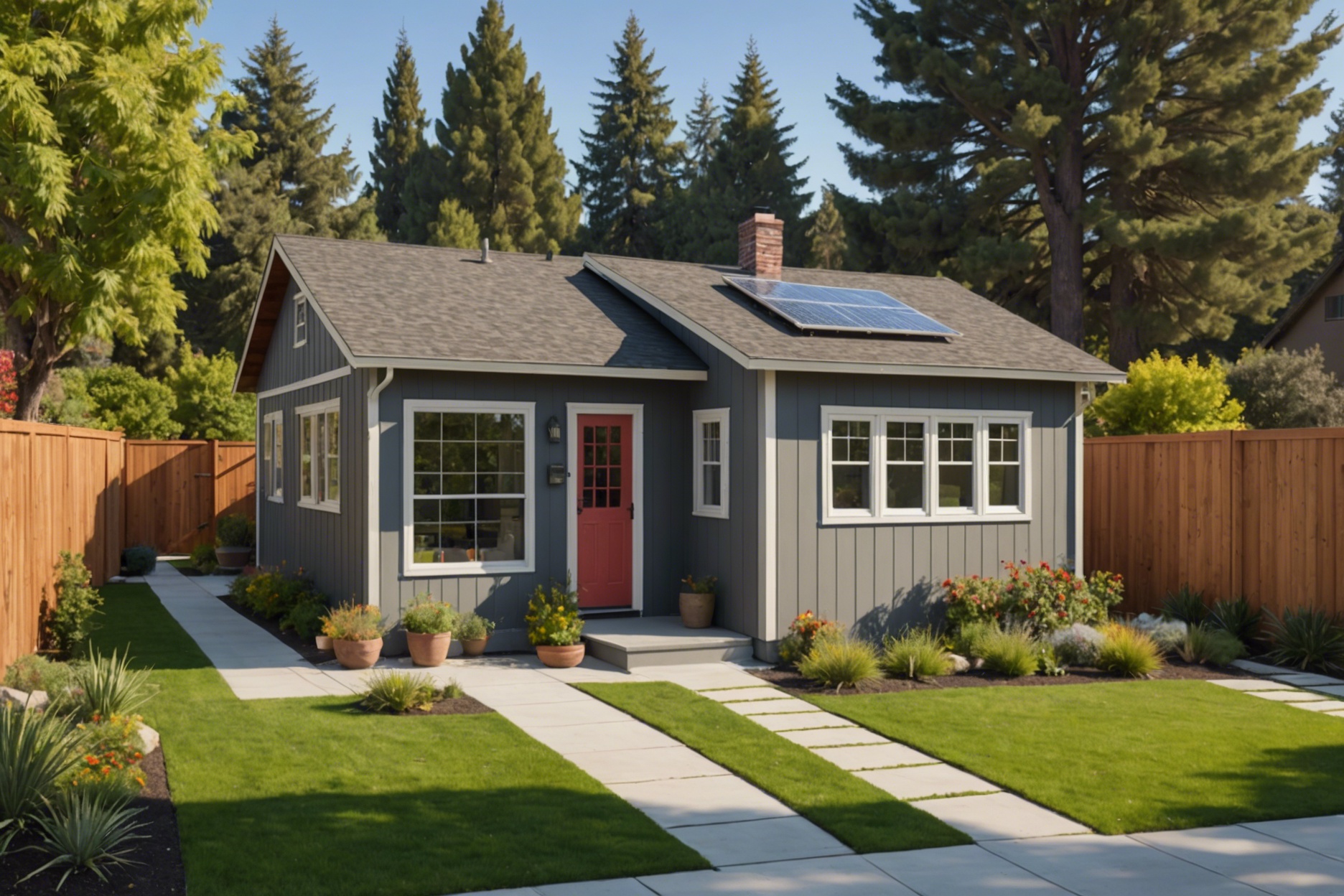 Small cozy house converted into a Junior ADU in a suburban California setting, with visible sections showing the shared utilities