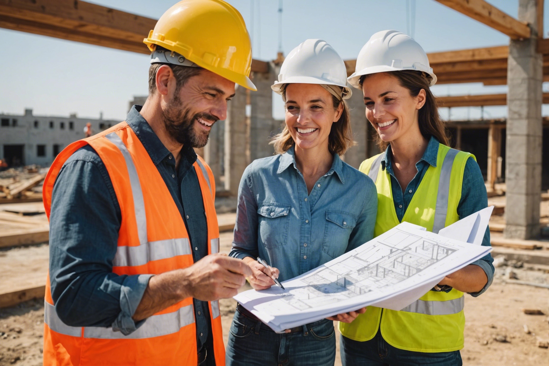 Smiling couple discussing plans with architect at construction site