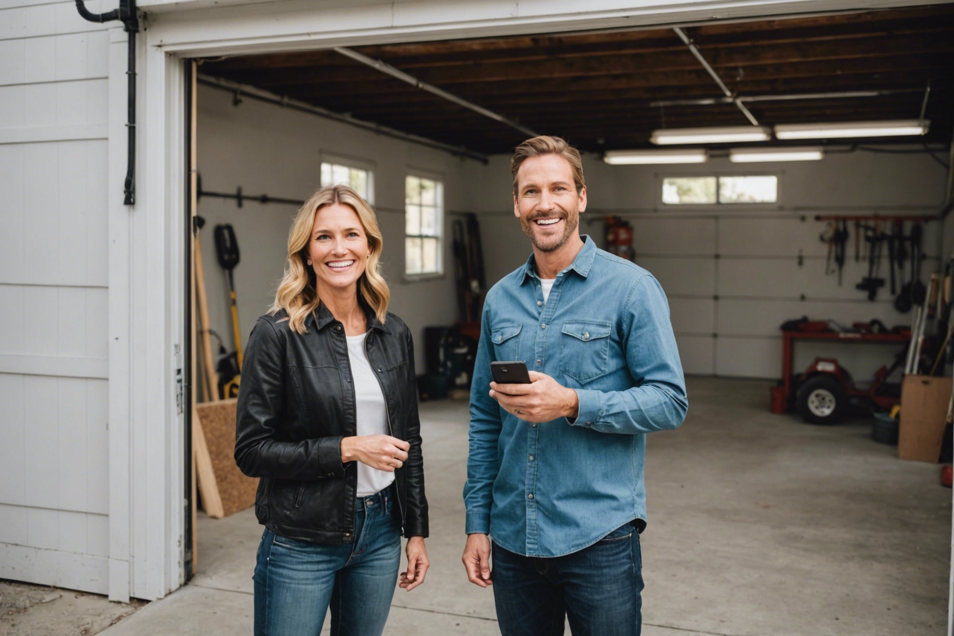 Smiling couple inspecting renovated garage in LA