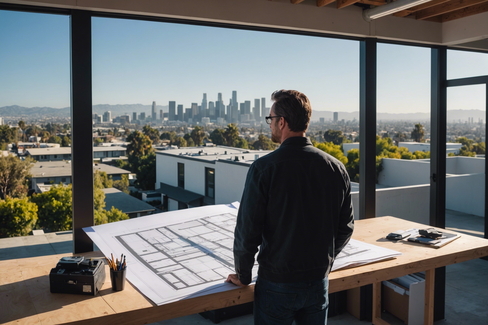 Architect reviewing blueprints for a garage conversion into an ADU with modern Los Angeles cityscape in the background