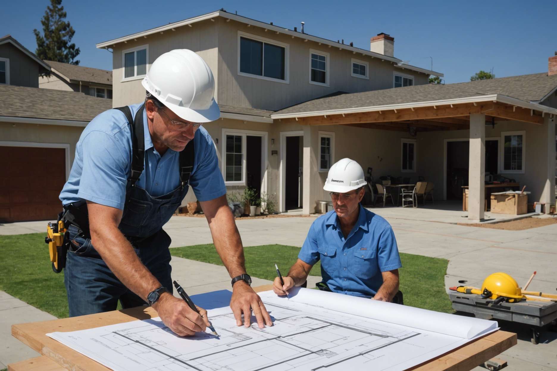 Architect reviewing blueprints for a garage conversion in Los Angeles, with construction tools and a home model in the background