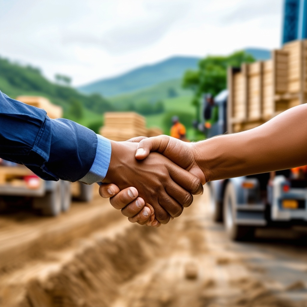 Construction site with local materials being delivered by trucks, people shaking hands, and green surroundings