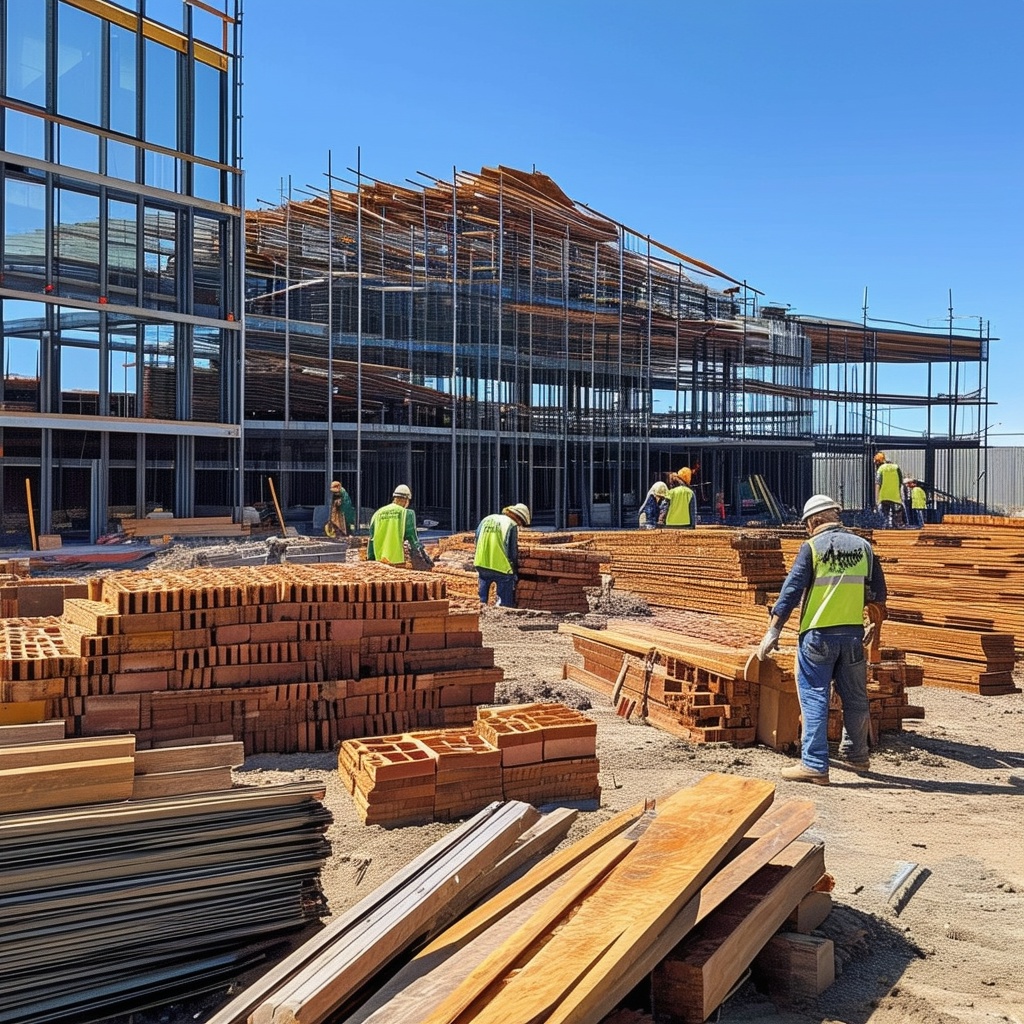 Construction site with workers using recycled steel, glass, and timber; piles of reclaimed bricks and wooden planks; eco-friendly building materials; green and sustainable building practices