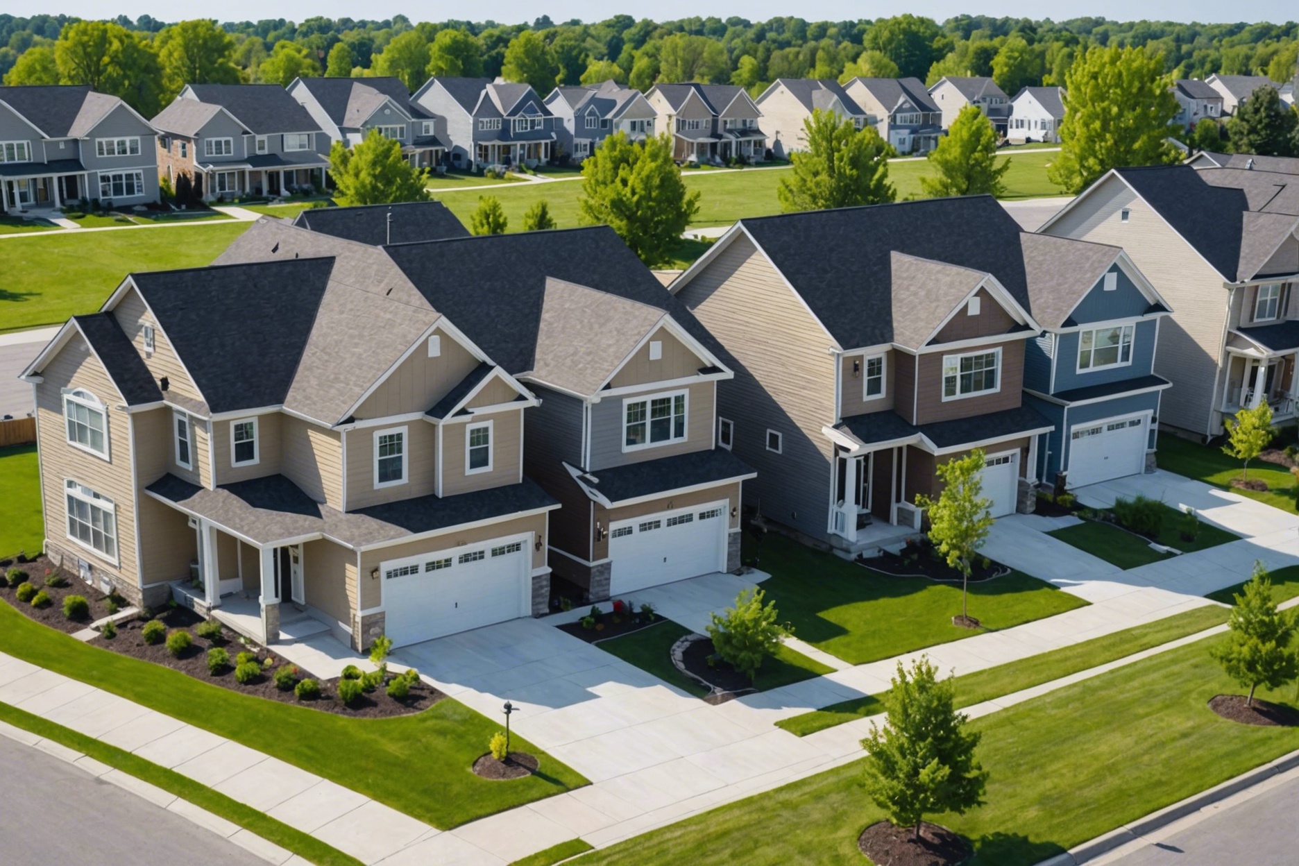 A suburban neighborhood with a mix of single-family homes and newly built duplexes, depicting a diverse architectural landscape with construction materials and equipment