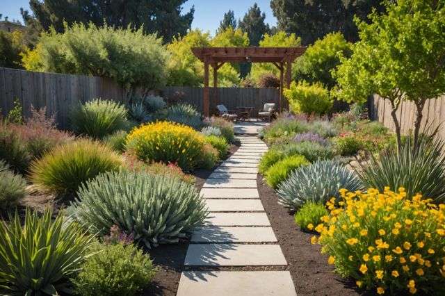 A sustainable garden in California featuring native plants and drought-resistant varieties, organized in hydrozoned areas with efficient watering system