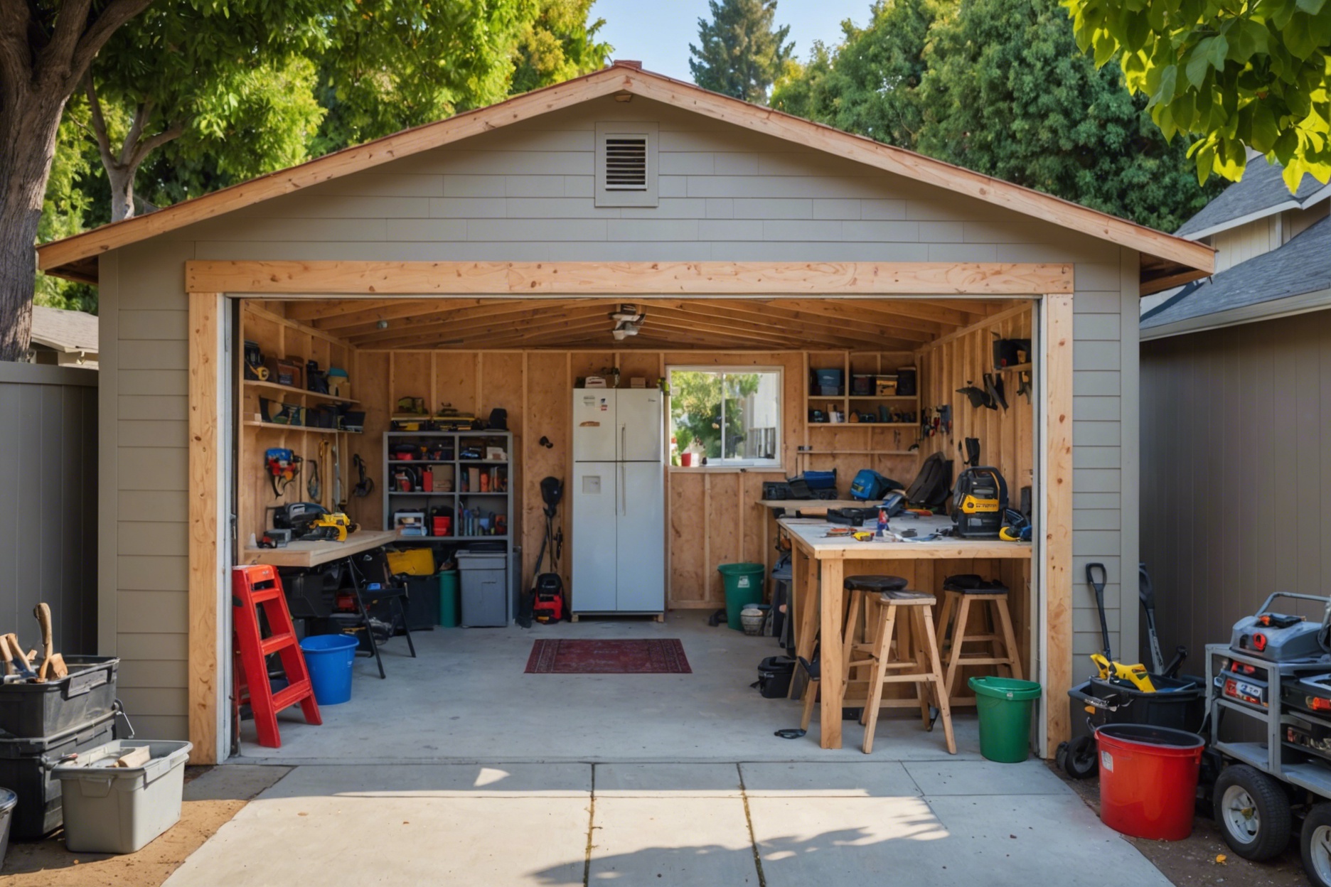 A garage being converted into a cozy living space, with construction tools and materials scattered around, in a suburban Los Angeles neighborhood