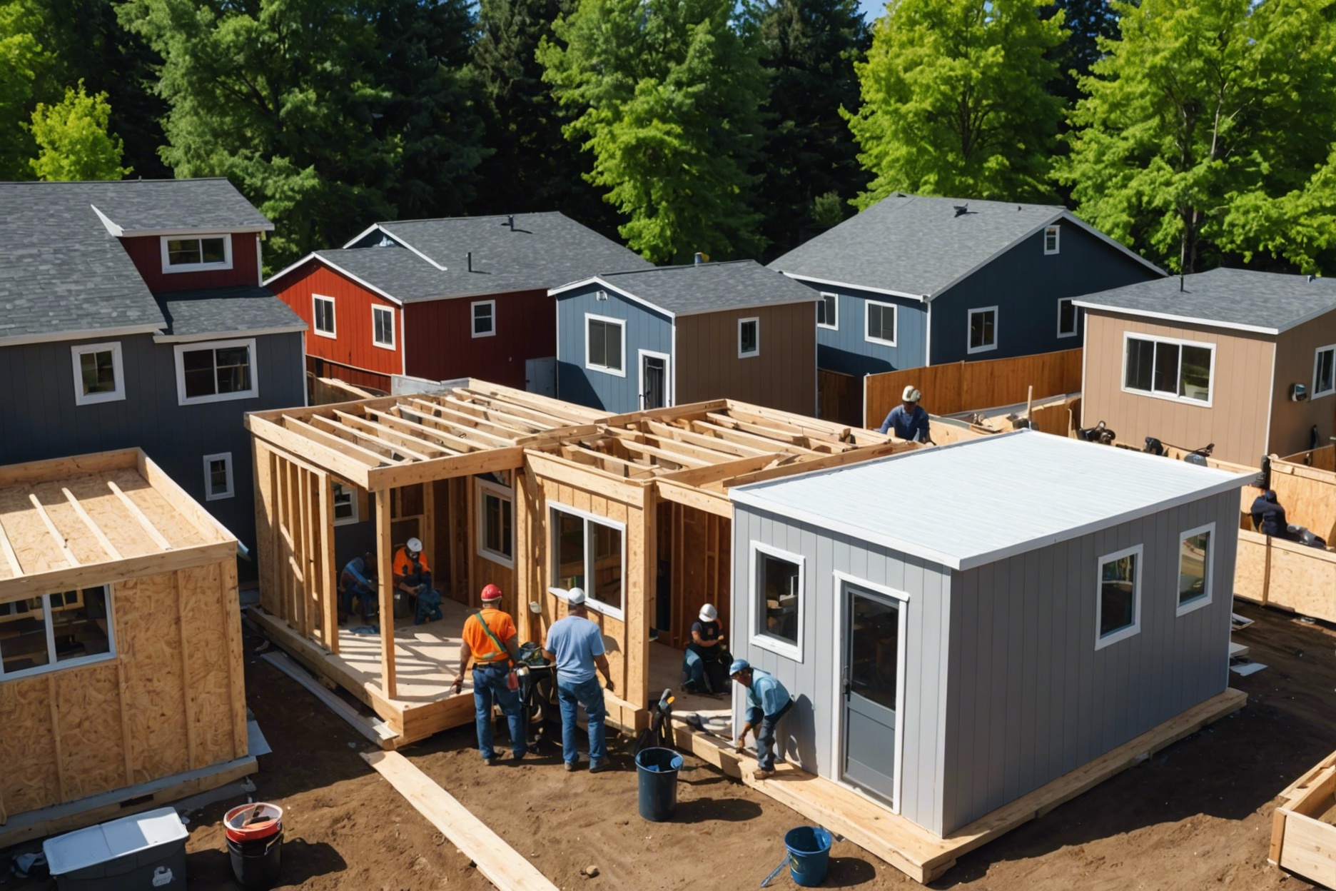 A bustling urban construction site with workers building small, modern accessory dwelling units (ADUs) amid existing homes, showcasing a diverse and inclusive community