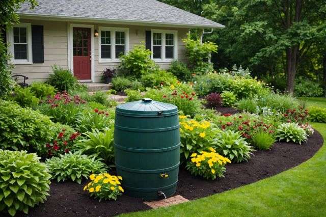 A lush garden with organic mulch around plants, a rain barrel collecting water, and beneficial insects flying around, set in changing seasonal backgrounds