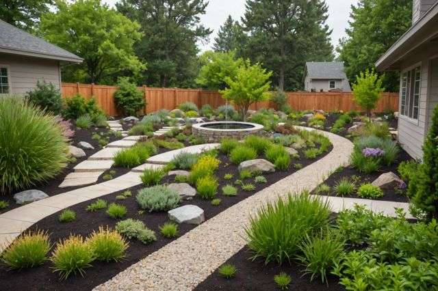 Garden with native plants and rainwater capturing system, permeable walkways, and a contoured landscape designed to manage water flow