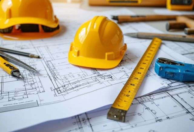 Blueprints and construction tools on a workbench