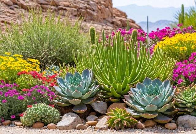 Desert garden with blooming succulents