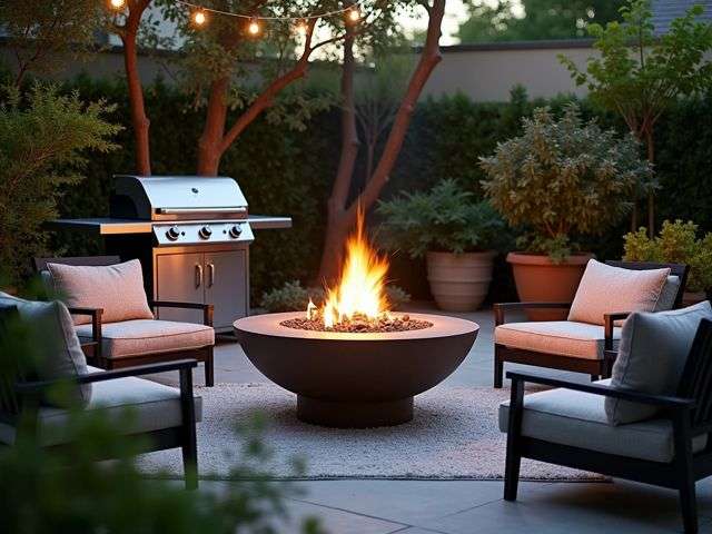 A cozy backyard scene featuring a stylish fire pit surrounded by comfortable seating and a modern BBQ grill, with lush greenery and soft evening lighting, creating a warm and inviting atmosphere.