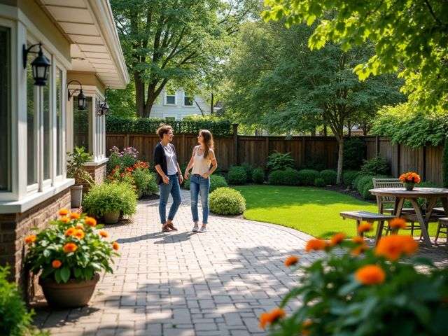 A peaceful backyard scene with a beautifully remodeled patio, vibrant flowers, and a couple of smiling neighbors chatting over a fence, surrounded by lush greenery