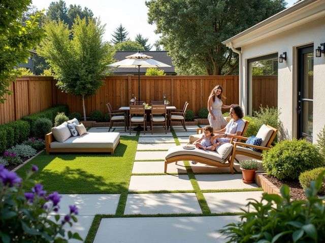 A beautifully remodeled backyard featuring a cozy seating area and a safe play zone for children, surrounded by lush greenery and colorful flowers, with smiling people enjoying the space