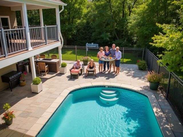 A peaceful backyard scene featuring a cozy patio with safety railings, a secure swimming pool surrounded by a fence, and a smiling family enjoying a barbecue, with lush greenery in the background