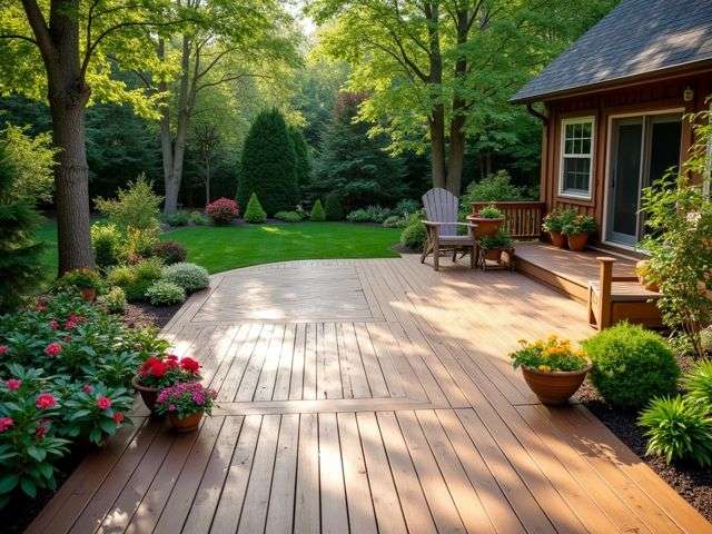 A beautiful backyard with a composite deck on one side and a wooden deck on the other, surrounded by lush greenery and colorful flowers, with sunlight filtering through the trees