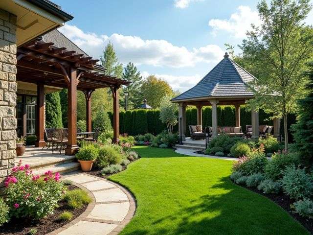 A beautifully landscaped backyard featuring a stylish pergola and an elegant gazebo, surrounded by vibrant flowers and greenery, with a sunny sky overhead