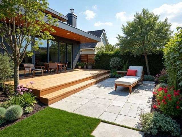 A beautifully landscaped backyard featuring a modern wooden deck and a stylish stone patio, surrounded by vibrant flowers and greenery, with a sunny sky above