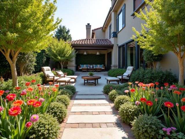 A beautifully landscaped Calabasas yard featuring vibrant flowers, lush greenery, and a stylish patio area, with smiling people enjoying the outdoor space