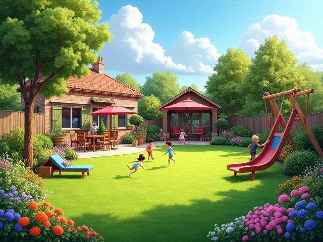 A beautifully landscaped family backyard with a vibrant garden, a cozy seating area, and a playful swing set, all under a clear blue sky, with children playing happily in the background.