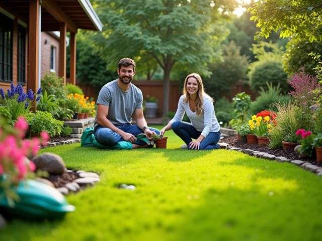 A vibrant backyard scene showcasing a lush green lawn on one side and a perfectly manicured turf area on the other, with colorful flowers and garden tools scattered around, and a couple of smiling people tending to the plants in a sunny atmosphere.