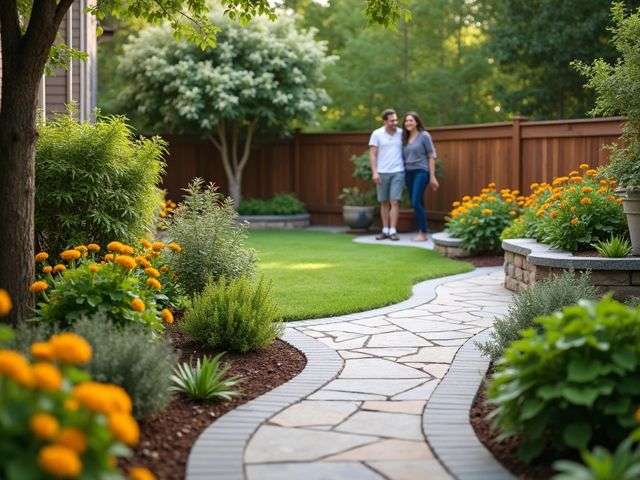 A beautifully landscaped backyard with safety features like a sturdy fence, non-slip patio, and soft lighting, surrounded by lush greenery and colorful flowers, with a couple of smiling people enjoying the space in the background.