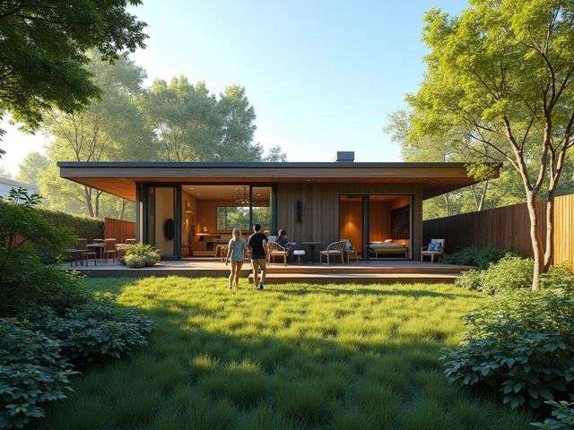 A cozy backyard with a modern accessory dwelling unit (ADU), surrounded by lush greenery and a clear blue sky, featuring people happily enjoying the space, with warm sunlight illuminating the scene.